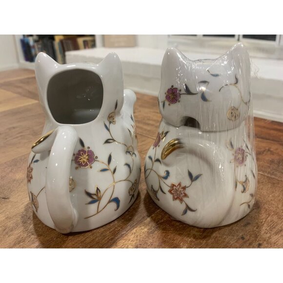 Vintage Cat-Shaped Ceramic Tea Set With Floral Design Creamer Sugar Bowl - Picture 5 of 7